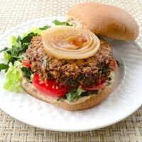 Vegan quinoa mushroom burger ready to serve