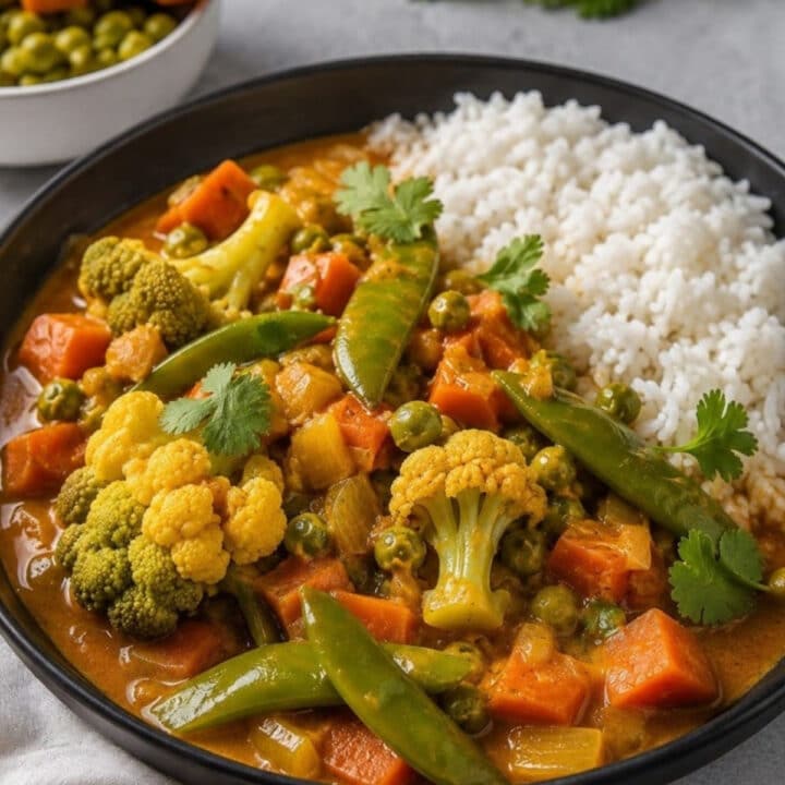 15-minute vegetable curry with cauliflower, carrots, peas and snap peas in a black bowl beside white rice