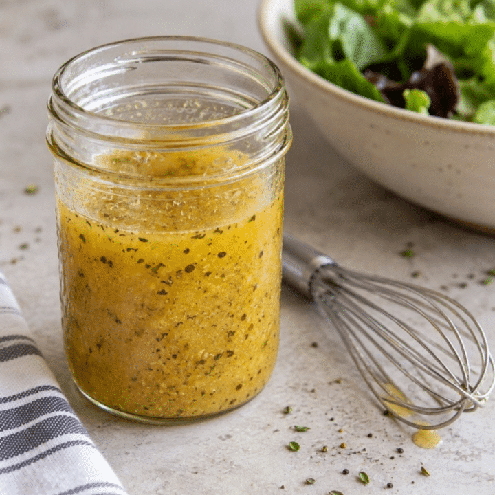 5-Minute Vinaigrette Dressing in a mason jar with a whisk and salad greens