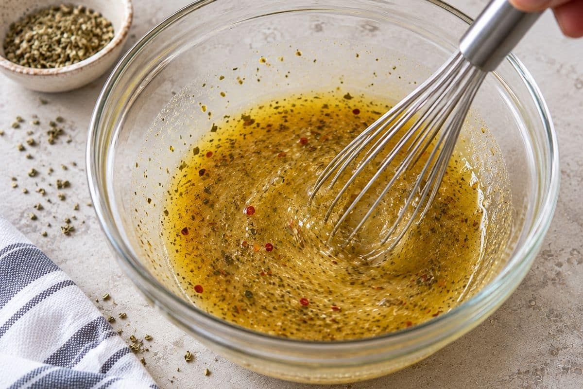 Whisking olive oil vinaigrette with dried herbs and red pepper flakes in a glass mixing bowl
