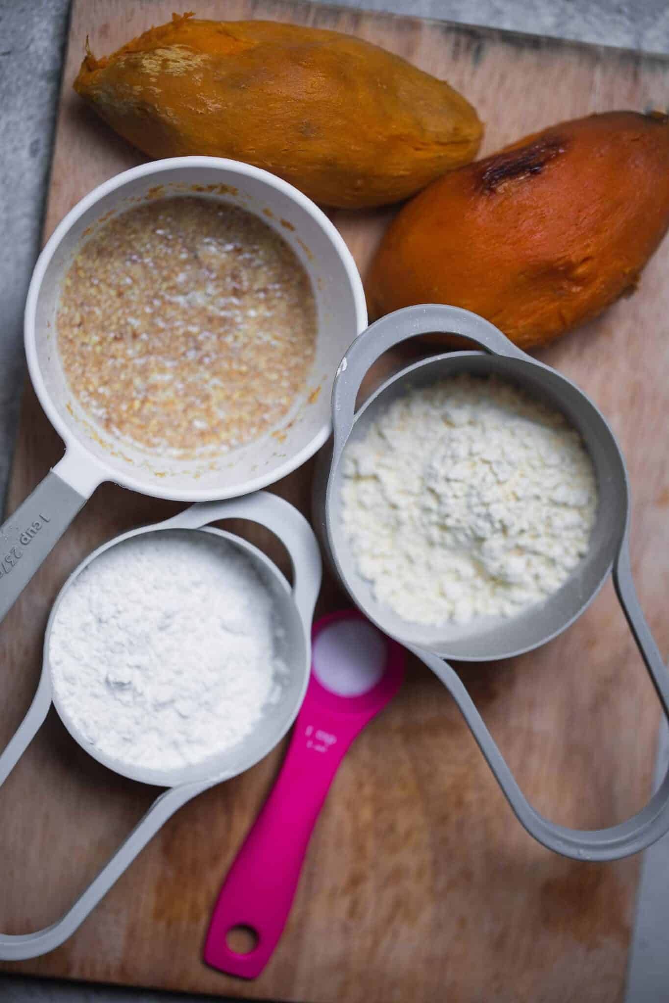 Ingredients for vegan sweet potato gnocchi: baked sweet potatoes, flax egg, rice flour, tapioca flour and chickpea flour