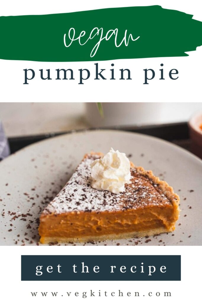 Vegan pumpkin pie slice with whipped cream - VegKitchen Pinterest graphic