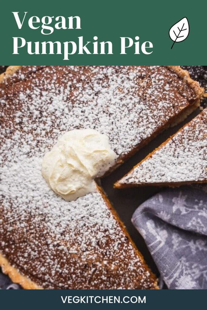 Sliced vegan pumpkin pie dusted with powdered sugar - VegKitchen Pinterest graphic
