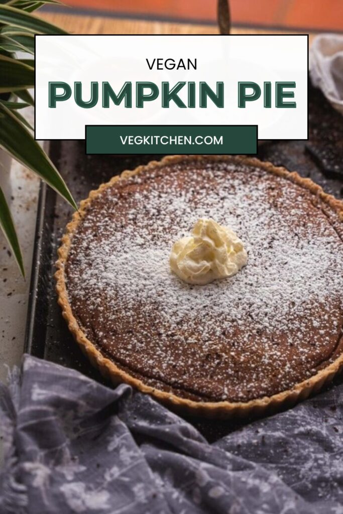 Whole vegan pumpkin pie on a baking tray - VegKitchen Pinterest graphic