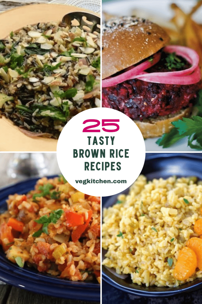 25 Tasty Brown Rice Recipes - Pinterest pin with wild rice pilaf, beet burger, jambalaya and orange rice