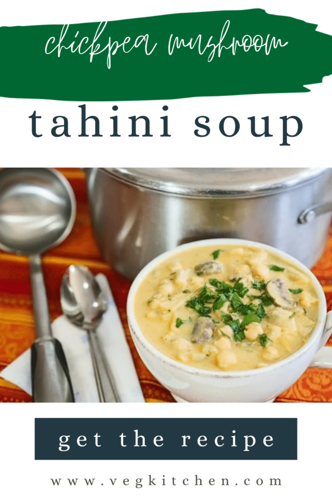 Chickpea-mushroom tahini soup Pinterest graphic