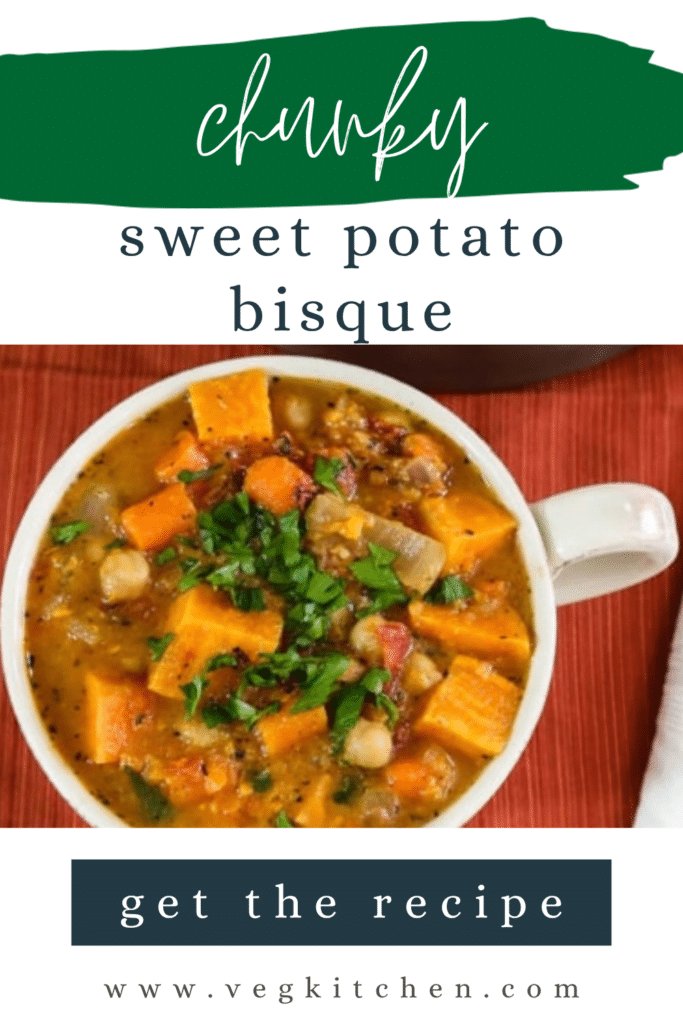 Chunky Sweet Potato Bisque Pinterest pin with a bowl of vegan sweet potato soup
