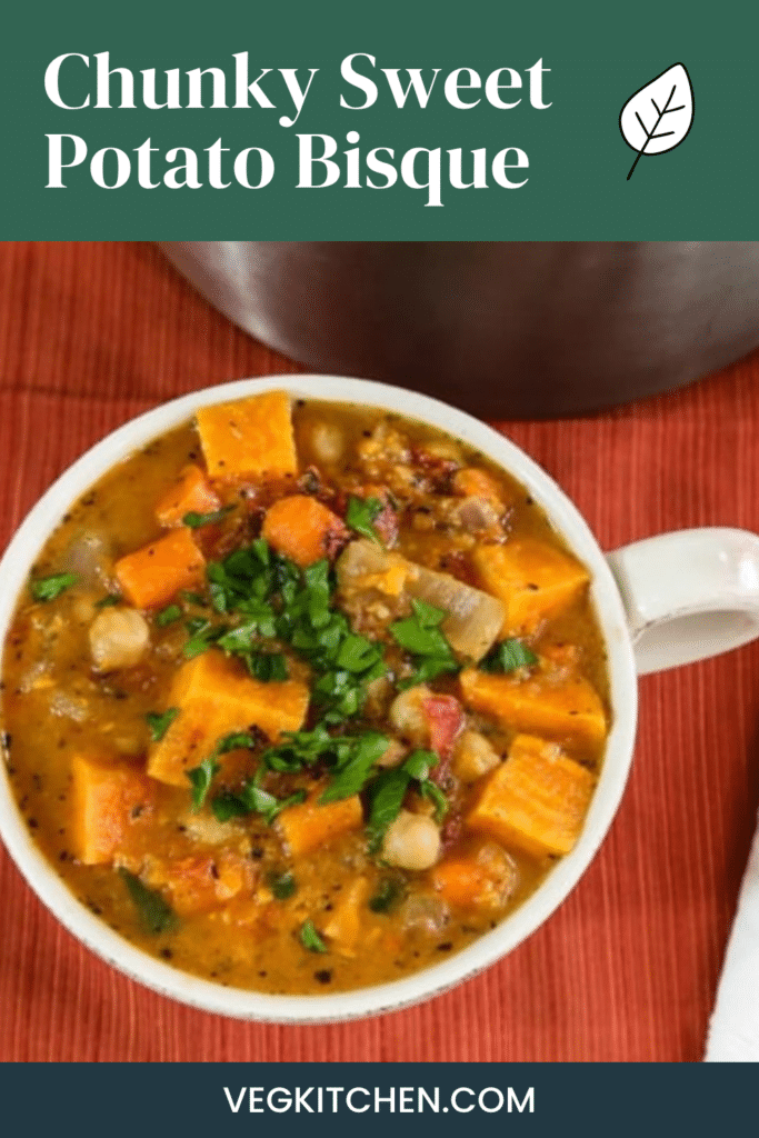 Chunky Sweet Potato Bisque Pinterest pin with a bowl of vegan sweet potato soup