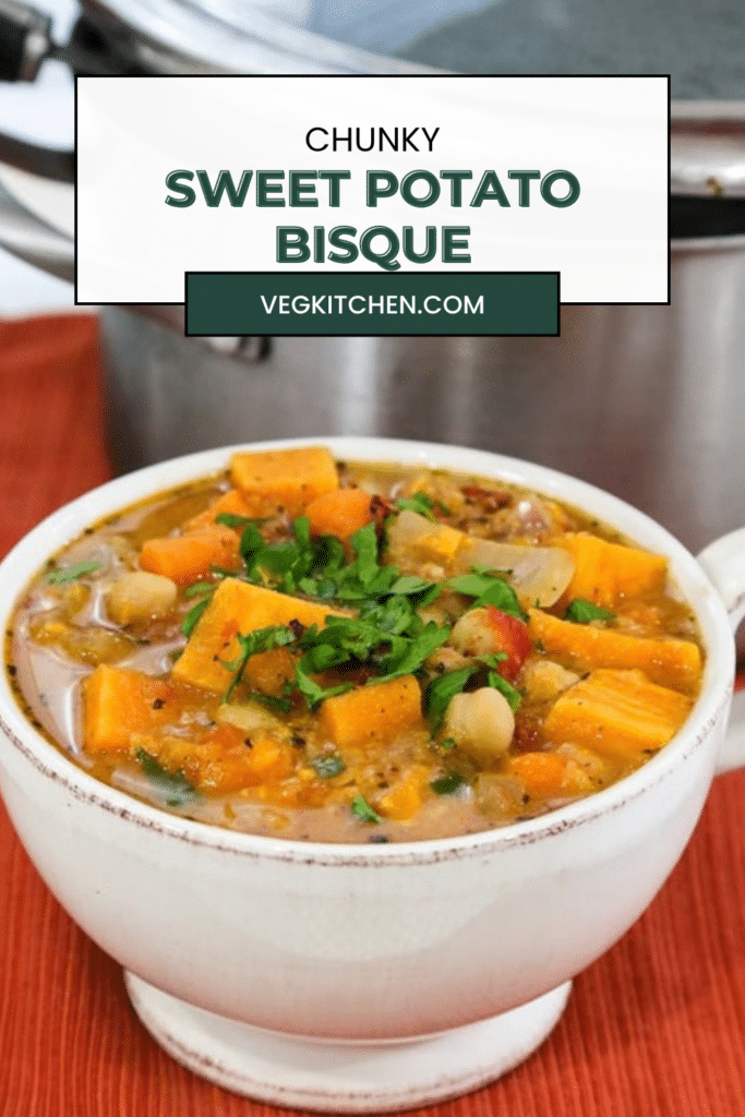 Chunky Sweet Potato Bisque Pinterest pin with a bowl of vegan sweet potato soup