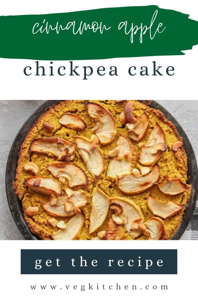 Cinnamon apple chickpea cake Pinterest pin showing the whole cake topped with sliced apples and cashews