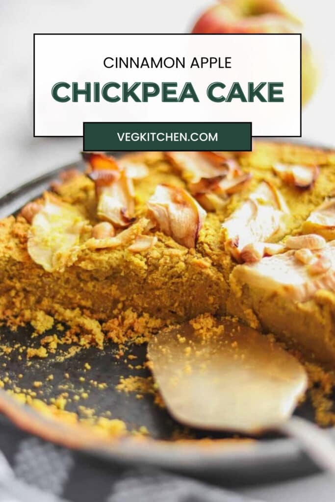 Cinnamon apple chickpea cake Pinterest pin showing the cake being served from the pan