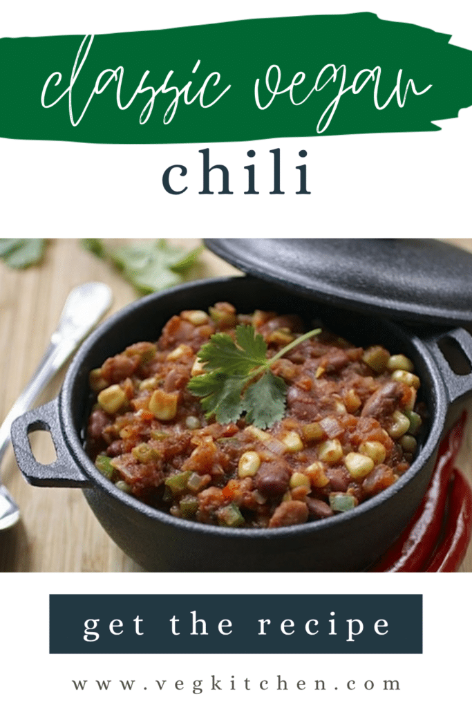 Classic Vegan Chili Pinterest pin with recipe photo and get the recipe button
