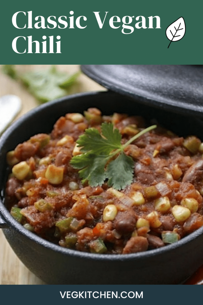 Classic Vegan Chili Pinterest pin with green header and recipe photo