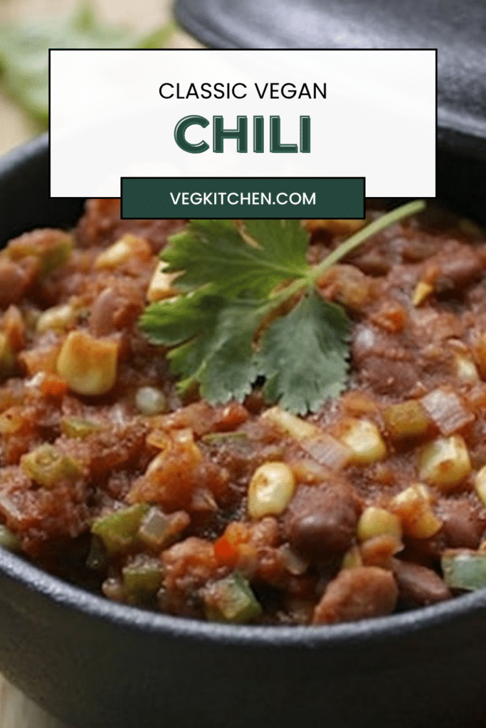 Classic Vegan Chili Pinterest pin with white title card over chili photo