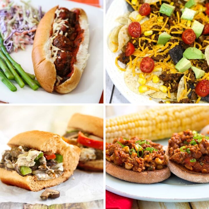 Collage of four ways to use veggie burgers: a meatball sub, beefy nachos, a Philly cheesesteak, and sloppy joes