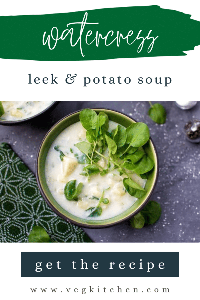 Leek and potato soup with watercress Pinterest graphic