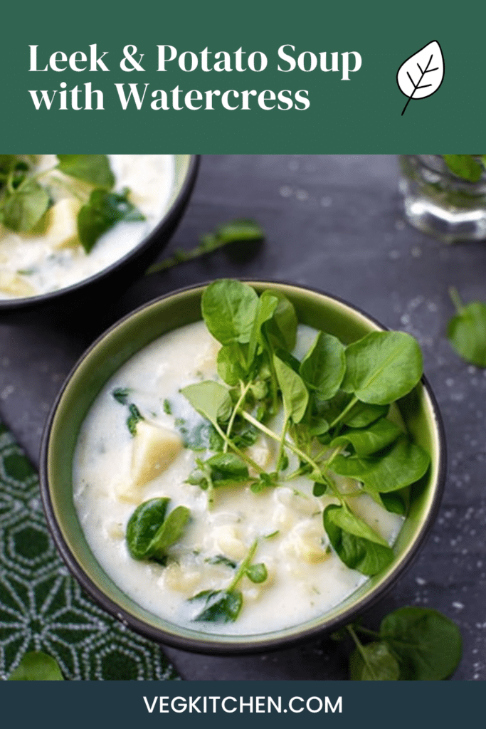 Leek and potato soup with watercress in green bowls Pinterest graphic