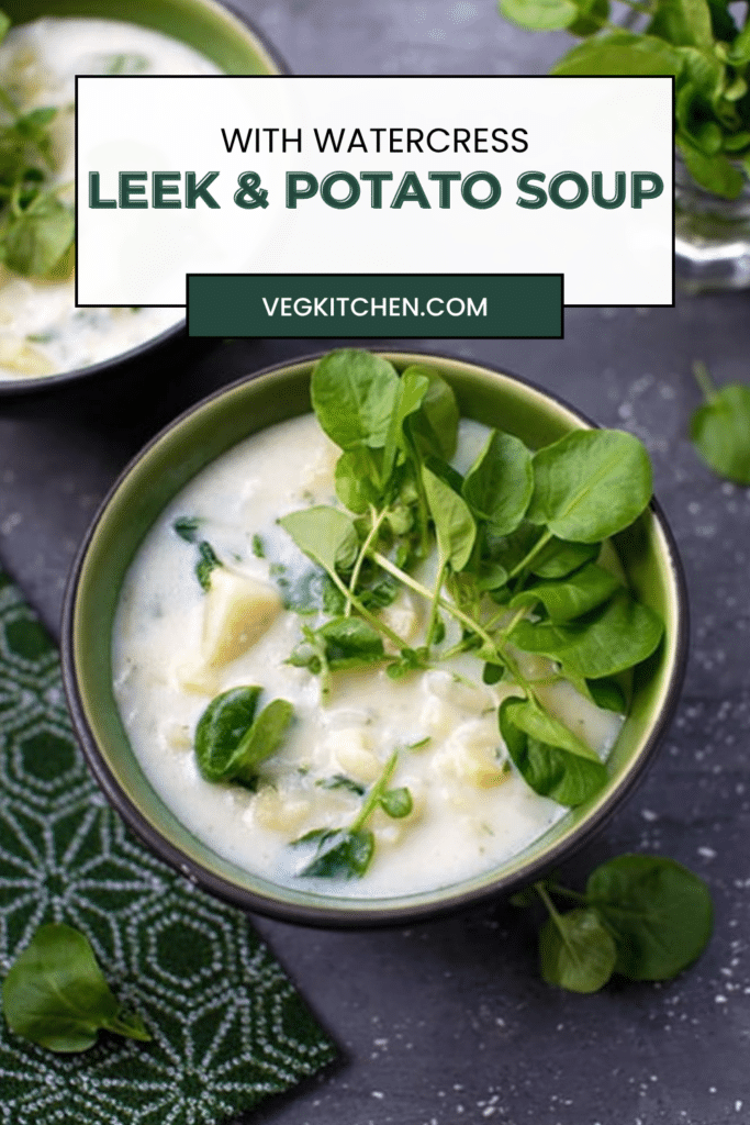 Leek and potato soup with watercress recipe pin