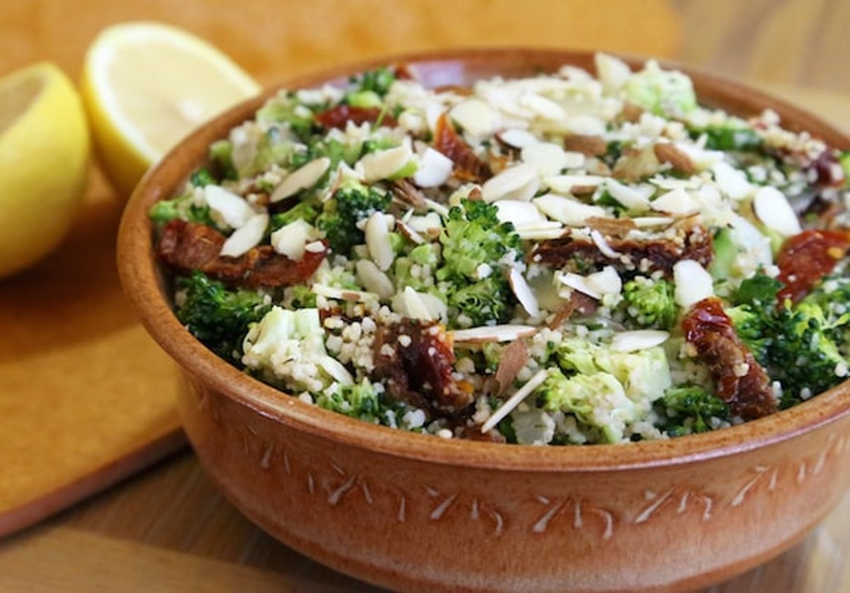 Lemony couscous with broccoli in a bowl