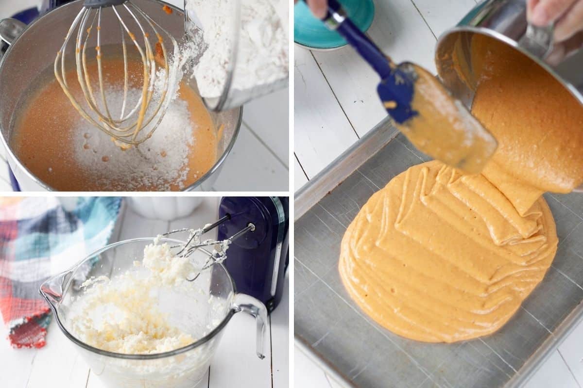 Step-by-step collage of making vegan pumpkin bars: whisking flour into the pumpkin batter, beating the frosting, and pouring the batter into a pan