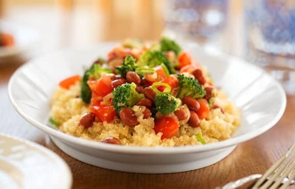 Miso-ginger red beans with quinoa and broccoli in a bowl