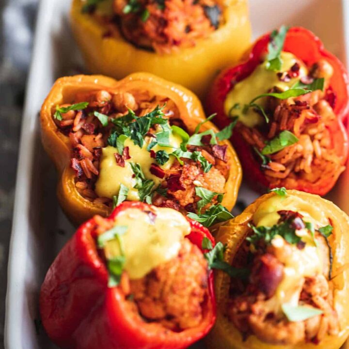 Chickpea and Cauliflower Vegan Stuffed Peppers - photo courtesy of Oh My Veggies