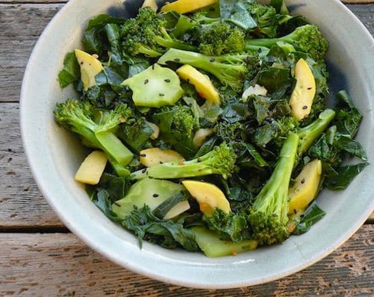 Close-up of sesame kale and broccoli saute