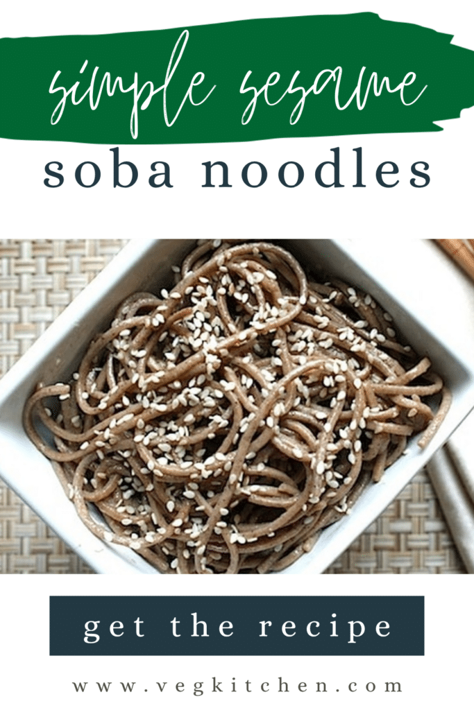 Simple sesame soba noodles pin: vegan soba noodles in a white bowl with sesame seeds