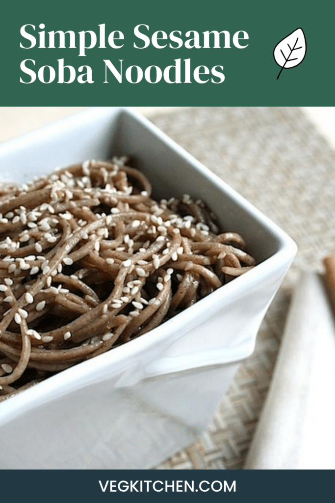 Simple sesame soba noodles pin: vegan soba noodles with sesame seeds in a square white bowl
