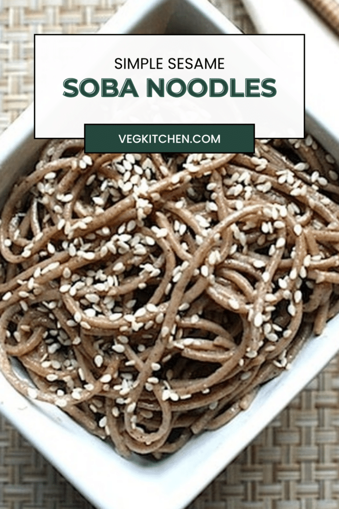 Simple sesame soba noodles pin: vegan soba noodles overhead in a white bowl