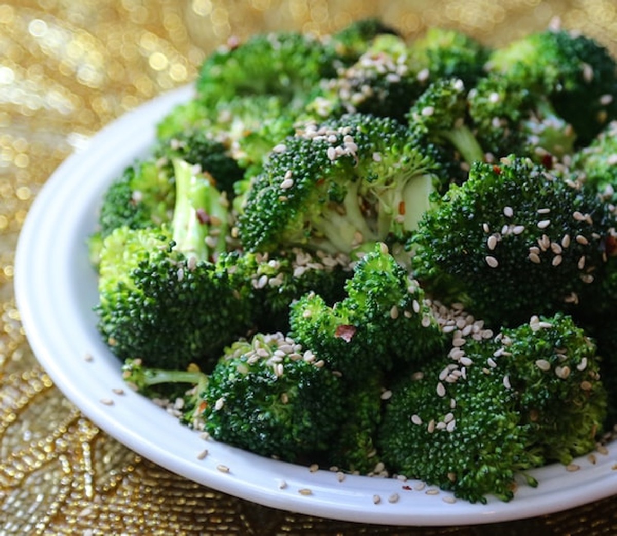 Close-up of spicy stir-fried sesame broccoli