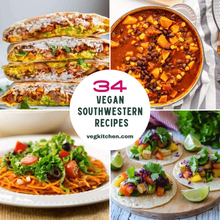 34 Vegan Southwestern Recipes featured image graphic with a four-photo grid