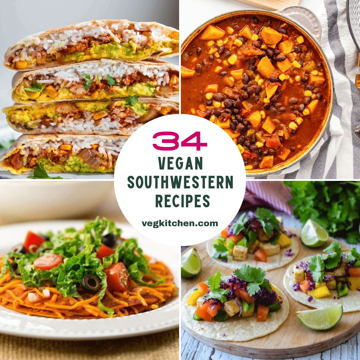 34 Vegan Southwestern Recipes featured image graphic with a four-photo grid