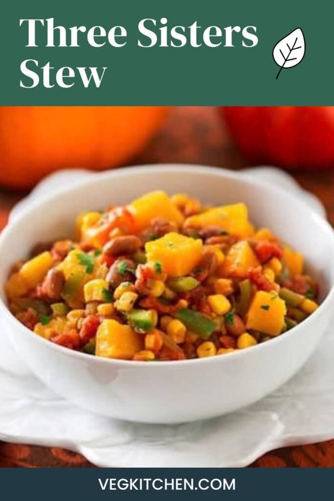 Three Sisters Stew in a white bowl - Pinterest graphic