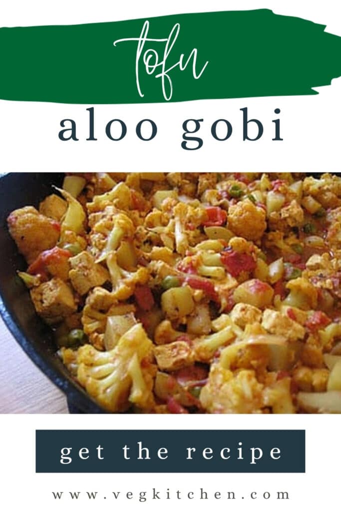 Tofu aloo gobi Pinterest graphic with a skillet of cauliflower and potato curry