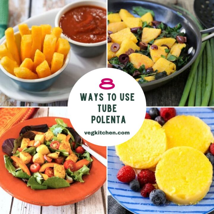 Collage of tube polenta ideas: baked polenta fries, chard with polenta wedges, polenta croutons on salad, and sweet polenta with berries