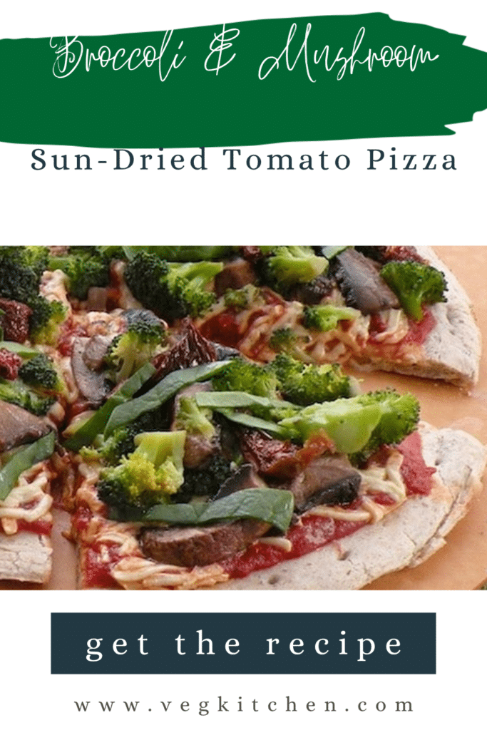 Vegan broccoli, mushroom, and sun-dried tomato pizza