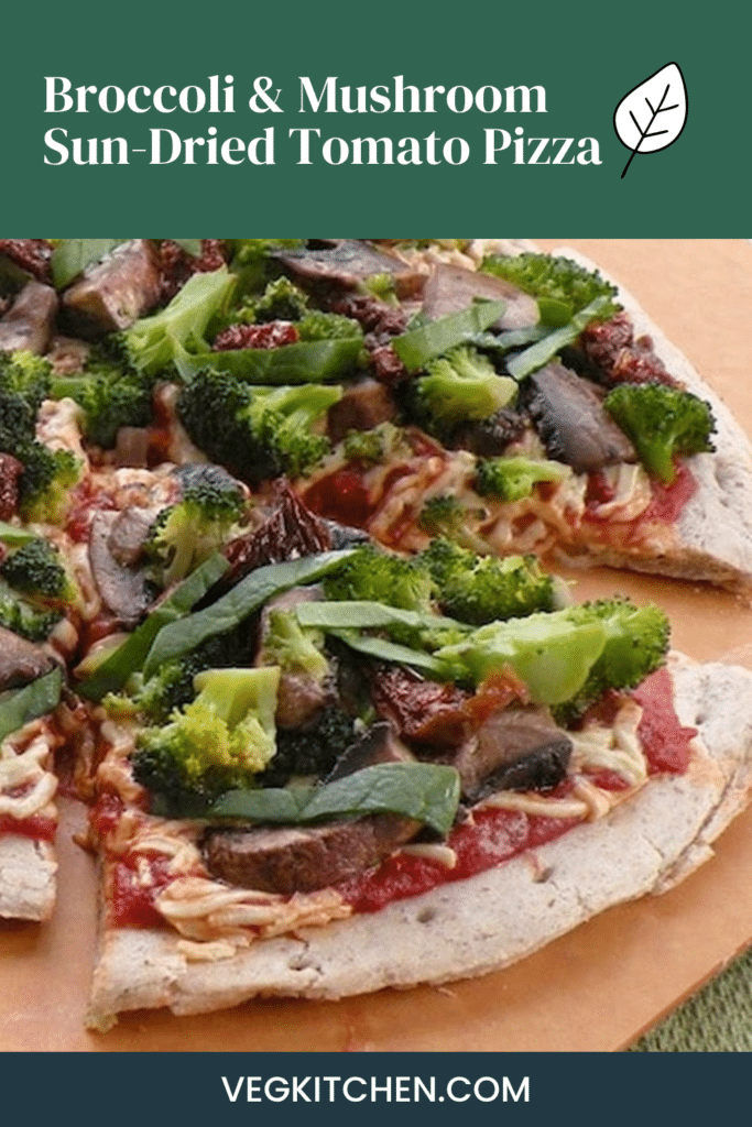 Vegan broccoli, mushroom, and sun-dried tomato pizza