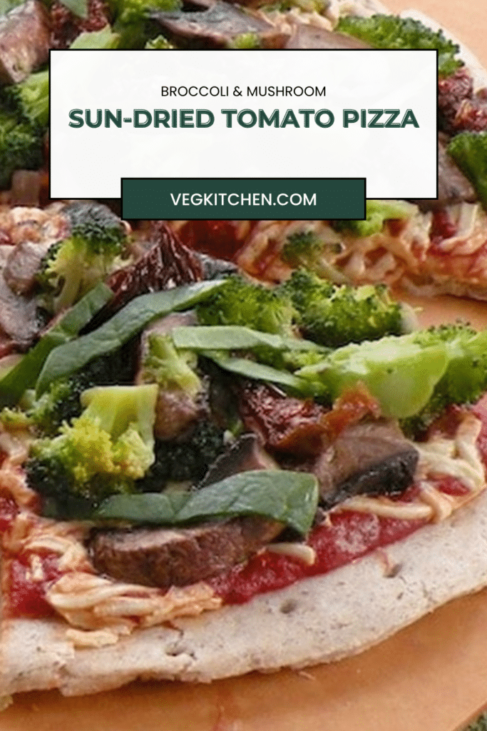 Vegan broccoli, mushroom, and sun-dried tomato pizza