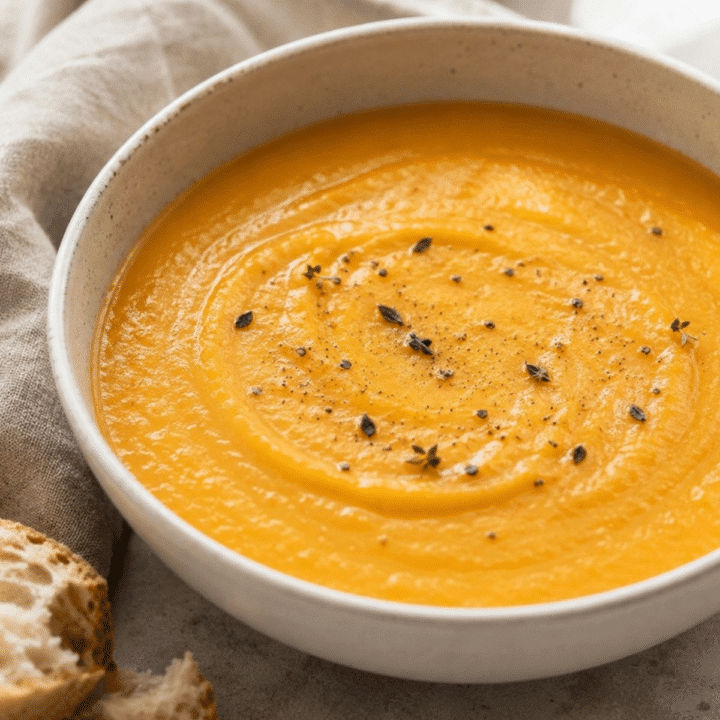 Vegan Butternut Squash Soup featured image - creamy golden soup in a white bowl with bread on the side