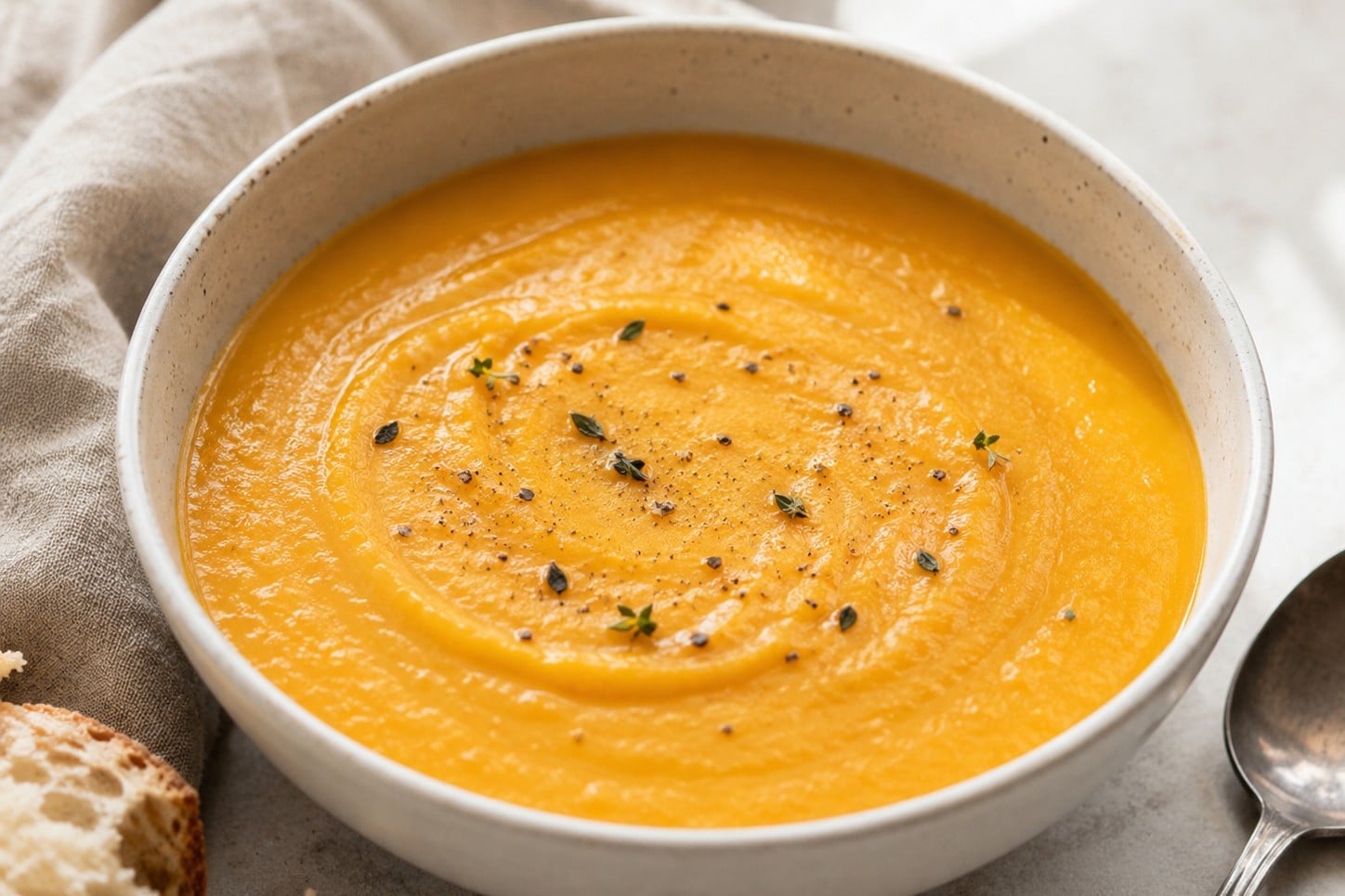 Bowl of golden vegan butternut squash and apple soup garnished with thyme and pepper, served with crusty bread and a spoon on the side