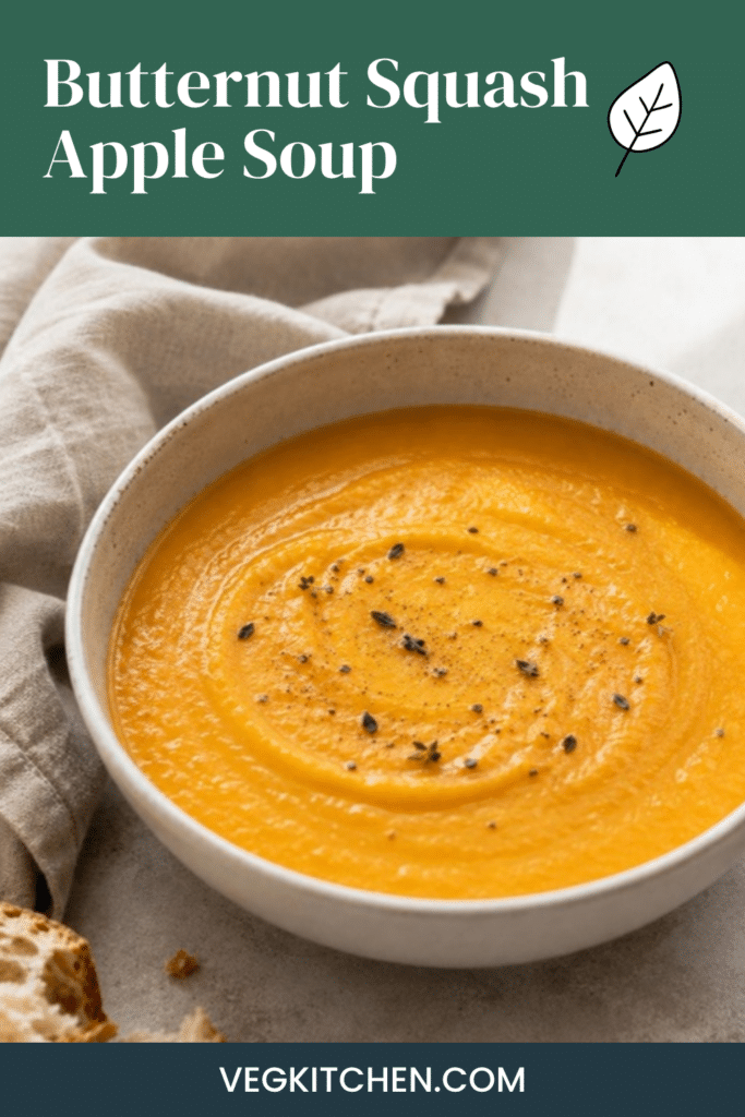 Pinterest pin for Vegan Butternut Squash Soup with Apple, showing a bowl of the soup topped with thyme