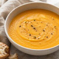Overhead close-up of creamy vegan butternut squash and apple soup in a white bowl, garnished with fresh thyme and cracked pepper, with slices of crusty bread alongside