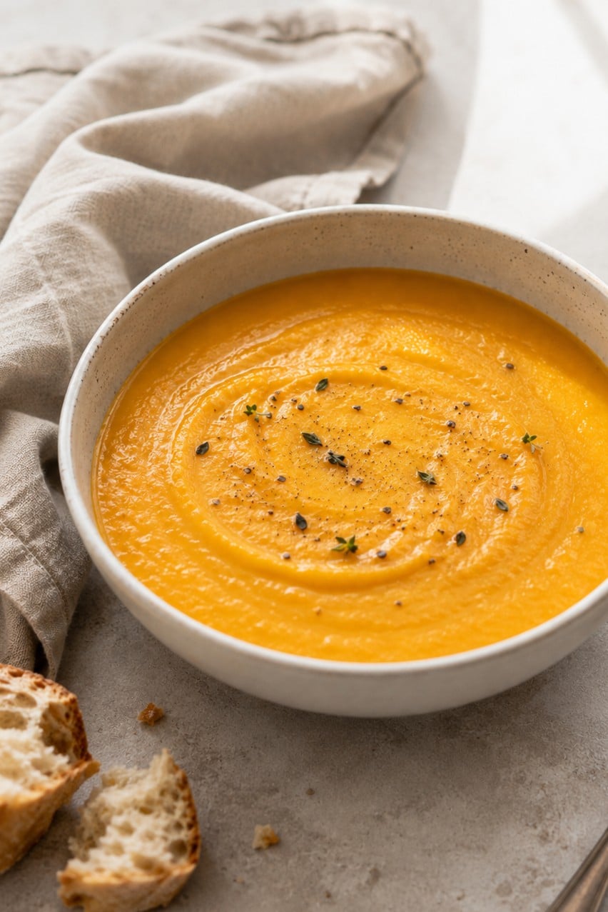 Vertical shot of vegan butternut squash and apple soup in a speckled white bowl on a linen napkin, topped with thyme leaves and black pepper