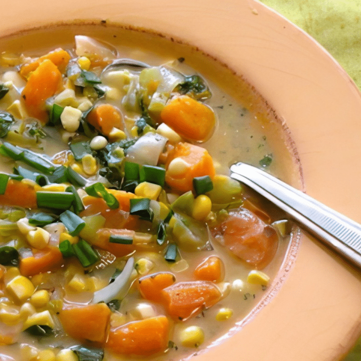 Overhead close-up of vegan butternut squash, sweet potato, and corn chowder in a terracotta bowl, garnished with scallions