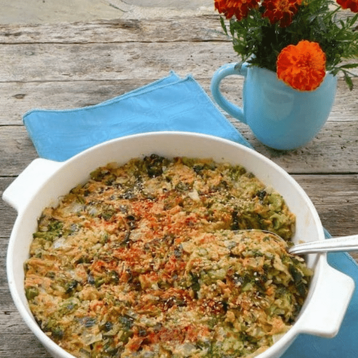 Vegan cheddar and broccoli rice casserole