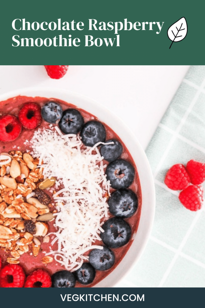 Pinterest pin graphic for Vegan Chocolate Raspberry Smoothie Bowl, second design