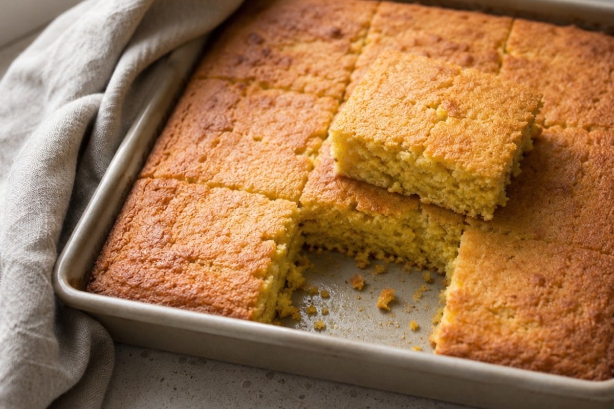 Square pan of vegan cornbread cut into pieces with one slice lifted out