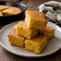 Stacked squares of golden vegan cornbread on a plate with a cast iron skillet of cornbread in the background
