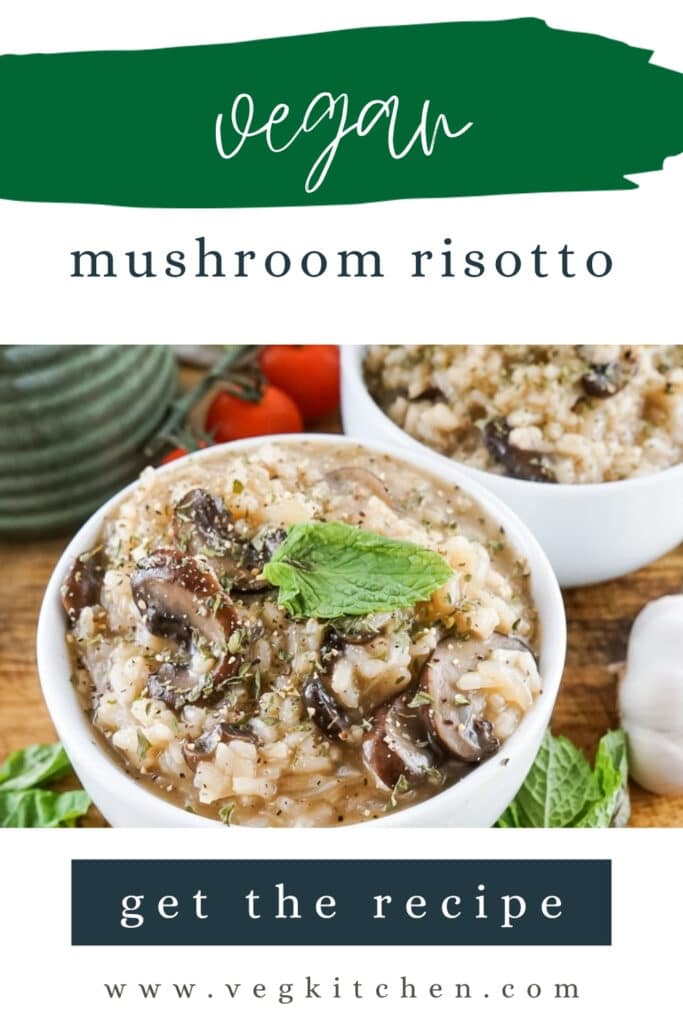 Vegan mushroom risotto Pinterest pin with two bowls of risotto